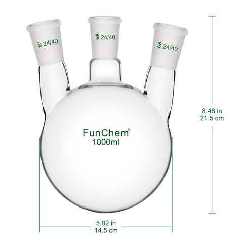 Three Neck Round Bottom Flask, Glass 3-Neck Boiling Flask with 24/40 Standard Taper Joint, 1000 mL