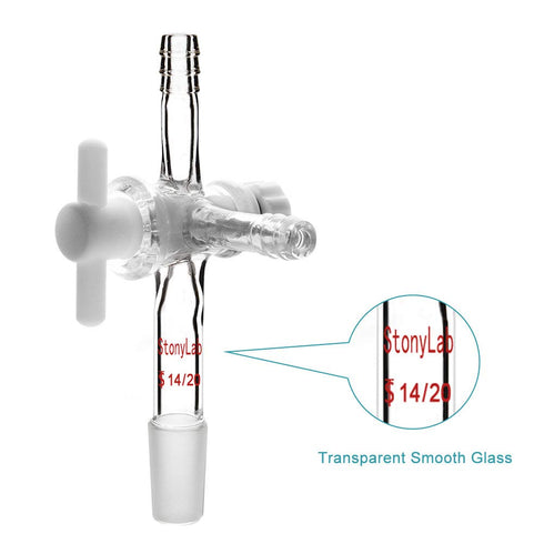 StonyLab Vacuum Glass 3-Way Flow Control Adapter, Borosilicate Glass Adapter with Standard 14/20 Taper Joint and PTFE