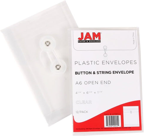JAM PAPER Plastic Envelopes with Button & String Tie Closure, 4 1/4 x 6 1/4, Assorted Colors, 6/Pack