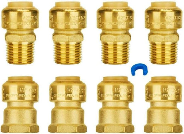 SUNGATOR Push to Connect Plumbing Fittings Mix, No Lead Brass 1/2 Inch Pushfit Female Adapter (4 PCS) and Male Adapter