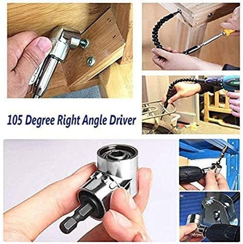 105 Degree Right Angle Driver Angle Extension Bit Kit, 1/4 inch Flexible Power Screwdriver Drill Attachment for