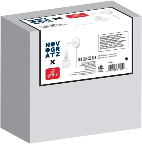 51489 1-Light 6ft Bulb GLOBE Electric Plug-in or Hardwired Wall Sconce, Matte White, Clear Cord, Inline On/Off Rocker