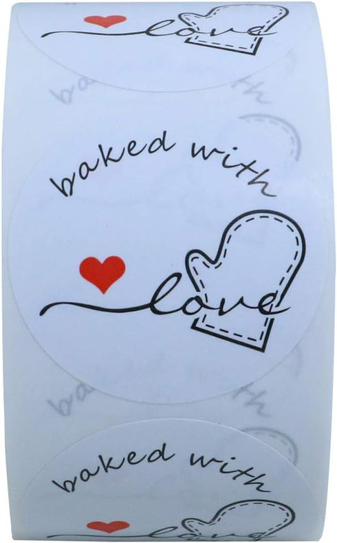 Hybsk Rustic Baked with Love Stickers, 1.5" Inch Round Adhesive Labels (Total 500 Per Roll, Glossy)