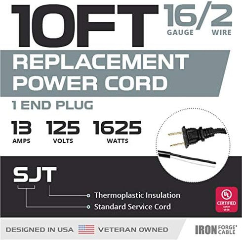 Iron Forge Cable 16 AWG Replacement Power Cord with Open End - 10 Ft Black Extension Cable, 2 Wire 16/2 SJT