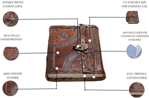 MONTEXOO Leather Bound Journal Notebook - Genuine Embossed Journals for Writing Men Women 6 X 8 inches - Lined Paper 200 Pages Vintage Brown Diary With Lock