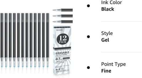 Vanstek 12 Black Erasable Gel Pen Refills, Compatible with FriXion & Friction Erasable Pens, Fine Point 0.7 mm