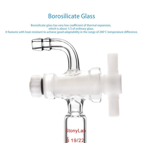 StonyLab Vacuum Flow Control Adapter with PTFE Stopcock, 19/22 Joint and Bent Hose Connection for Lab Supply