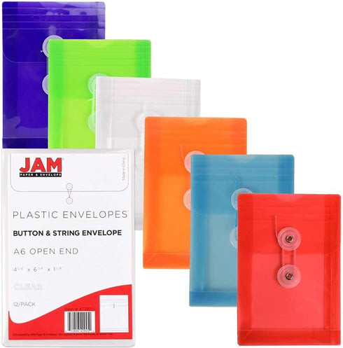 JAM PAPER Plastic Envelopes with Button & String Tie Closure, 4 1/4 x 6 1/4, Assorted Colors, 6/Pack