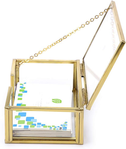 Hipiwe Glass Business Card Holder with Lid, Desktop Name Card Display Box Organizer, Gold Metal Container for Office