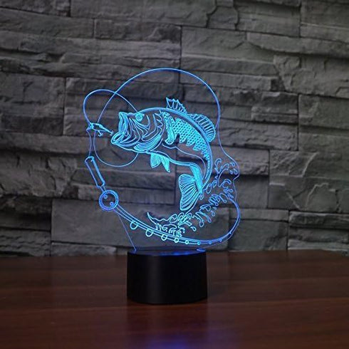 Jinnwell 3D 7 Fishing Fish Night Light Lamp Illusion Night Light Color Changing Touch Switch Table Desk Decoration