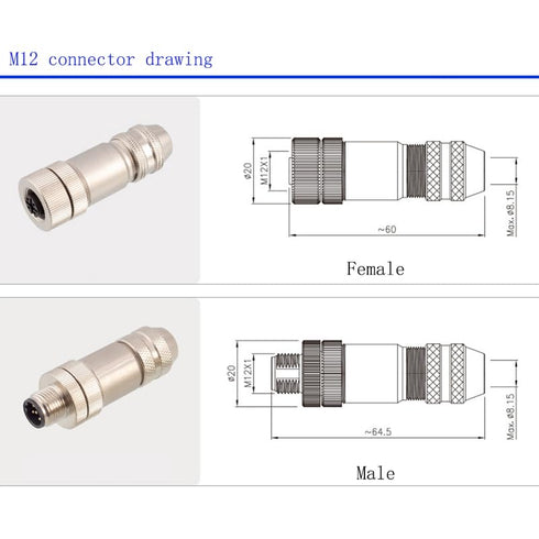 2Pcs M12 4 Pin Male Connector, D Code Straight Type Adapter for PG7/PG9 Cable IP67 Waterproof Shielding