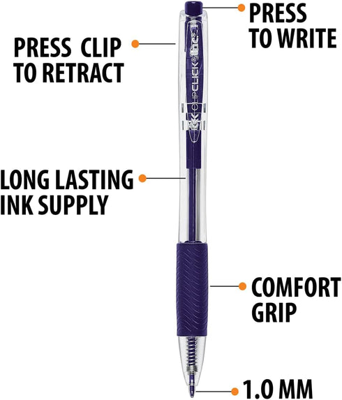 Inc. ClipClicks Retractable Ballpoint Pens, 50 Count, 1.0-mm Medium-Point Set with Comfort Grip for Writing