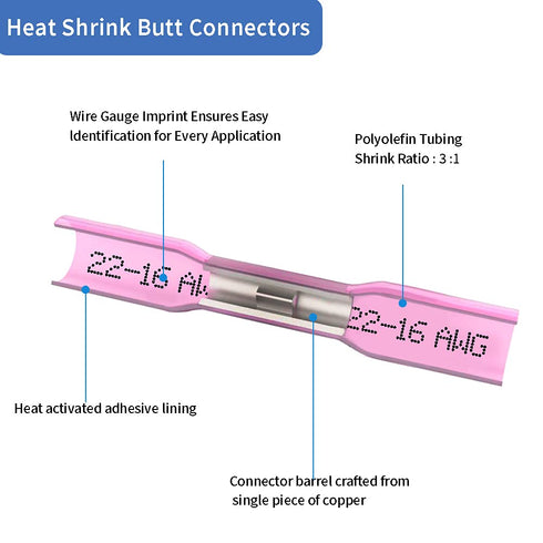 100 Pcs Red Heat Shrink Butt Connectors, 22-16 AWG Marine Grade Insulated Crimp Wire Connectors