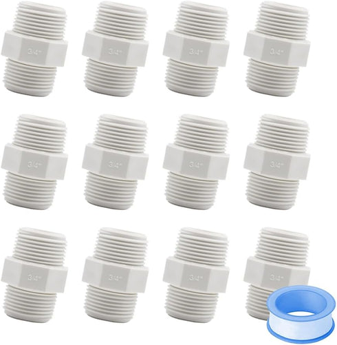 12PCS 3/4 Inch PVC Pipe Fitting Hex Nipple, G3/4 Male X G3/4 Male Coupling Adaptor for Plumbing