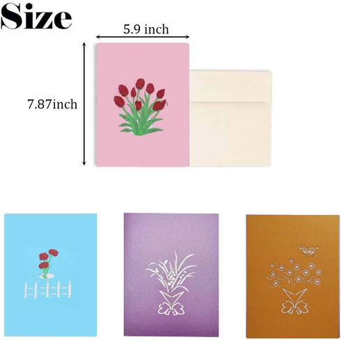 Flower Bouquet Pop Up Greeting Cards - 4 Pack Assorted Laser Cut Tulip, Sunflower, Orchid, Carnation for Gifts