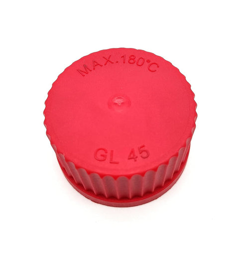 GL45 PBT Screw Caps for Lab Media Bottles, Pack of 4 with Internal Molded Seal Ring, 180?, Red