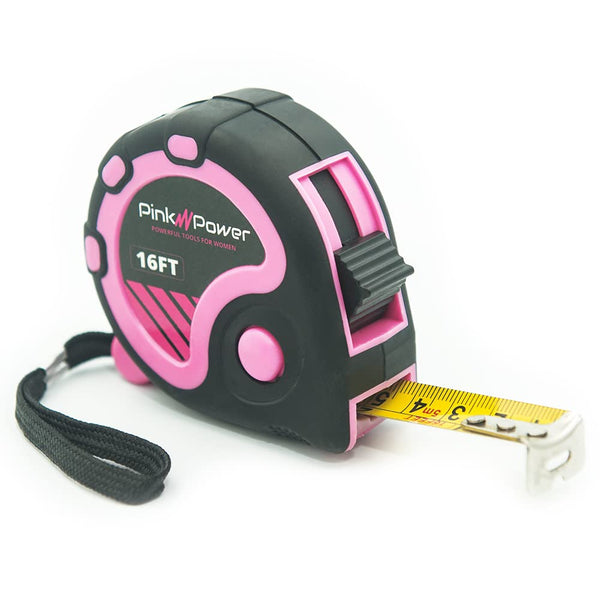 Pink Power 16ft Measuring Tape for Women s Tool Kit, Retractable Blade, Lock Button, Lightweight Pink Tape Measure