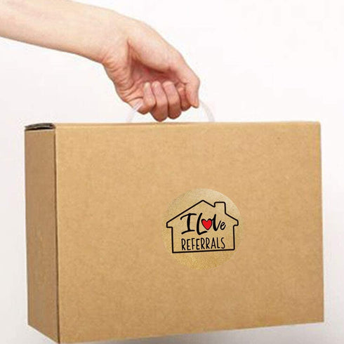 House Shaped I Love Referrals Sticker, 1.5" - Natural Brown Kraft Real Estate Agents Supplies, 504 Round Labels
