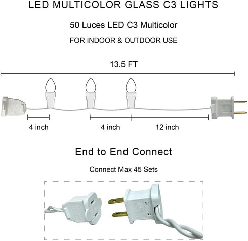 Easter String Lights LED Multi Color Glass C3 Lights, 50 Count, 120V UL Certified Connectable Outdoor String Light