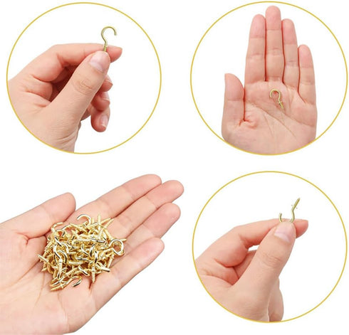nanaxagly 100 1/2 inch Pieces Cup Screw Hooks, Brass Plated Self-Tapping Screw-in Hooks, for Hanging Crafts Keys Caps
