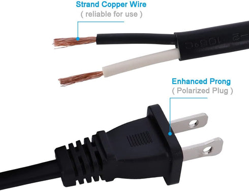 Replacement Power Cord Pigtail 18AWG 2 Prong 6FT Flat Shape 2 Wire Supply Cord with 110V Polarized Plug