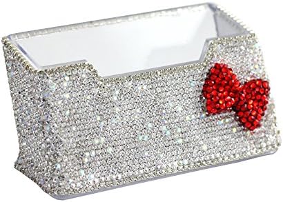 Bling Pure Handmade Rhinestones Business Card Holder, Stainless Steel Name Card Case with Red Bow