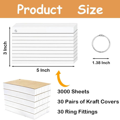 Wenscis 3000 3x5 Inch Pcs White Index Cards Bulk with Rings, Flash Cards with Holder for Studying, Notecards Lined