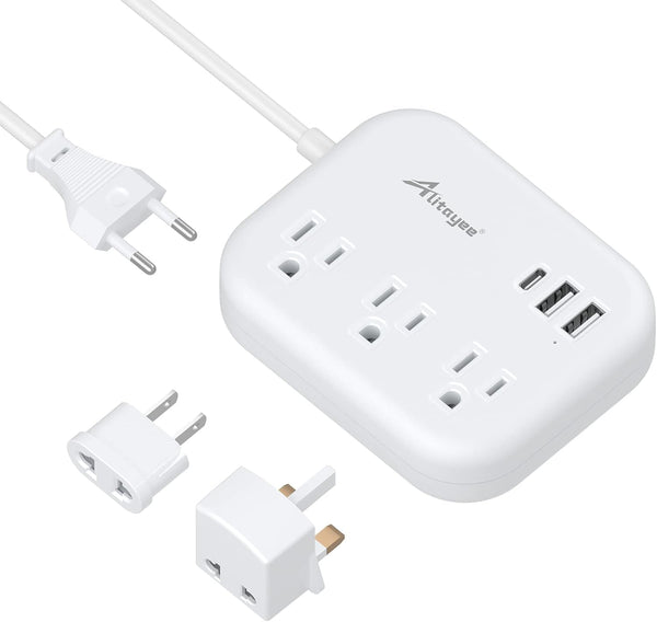 European Travel Plug Adapter, Alitayee EU/UK/US Travel Power Strip with 3 Outlets 3 USB Ports, International Universal