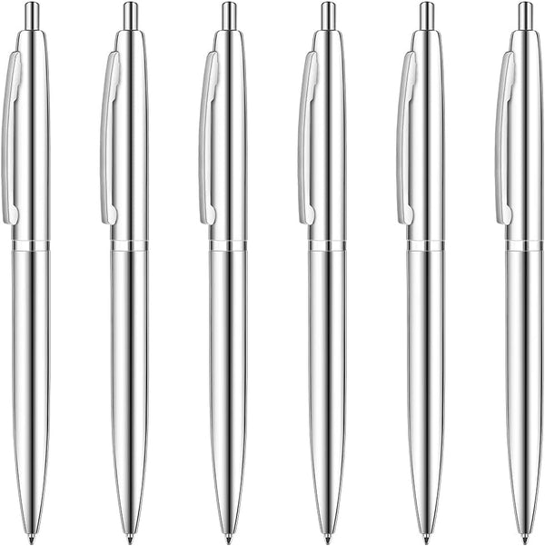 Unibene 6 Pack Silver Click Ballpoint Pens - Medium Point Black Ink (1 mm), Stainless Steel Metallic Retractable Pen