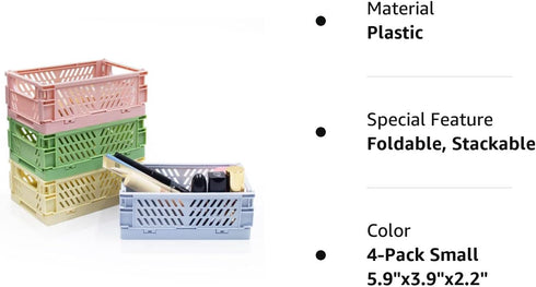 Xhwykzz 4 Pack Mini Foldable Plastic Small Baskets, Collapsible Storage Crate for Home, Office, Classroom, Mini Size