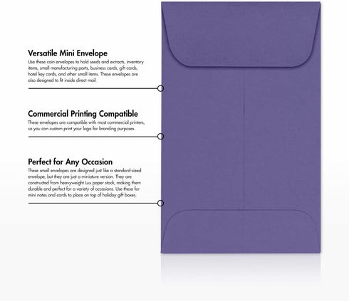 LUXPaper #1 Coin Envelopes | 2 1/4" x 3 1/2" | Wisteria Purple | 80lb. Text | 50 Qty