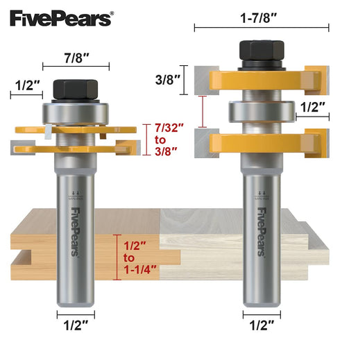 Set 1/2 Inch 3 FivePears Adjustable Tongue and Groove Router Bit with Shank, Shaker Style Teeth T Shape Wood Milling