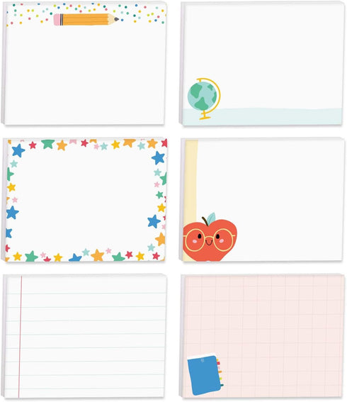 Cute Teacher Icons Sticky Note Pads, 4" x 3", 50 Sheets Per Pad, Set of 6 Designs, Made in USA