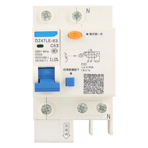 DZ47LE-63 Current Circuit Breaker 1P+N C63 RCCB 230V 63A 30mA for Leakage Overload Short Circuit Protection