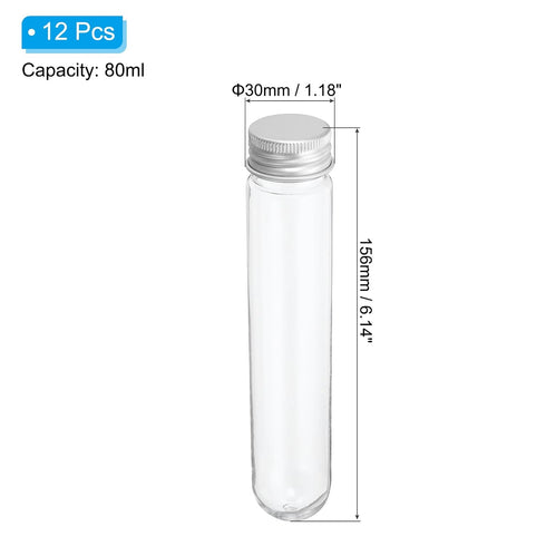 PATIKIL 80ml Plastic Test Tubes with Screw Caps, 12Pcs 156x30mm Tubes for Scientific Party Decoration Candy Bead Storage Bath Salt Lab Use, Silver Tone