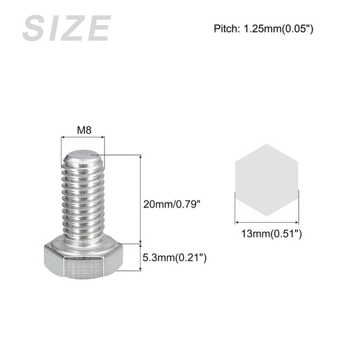 Hex Bolts (M8-1.25x20mm) 20Pcs, 304 Stainless Steel Fully Threaded Hex Head Screws for Furniture Repair