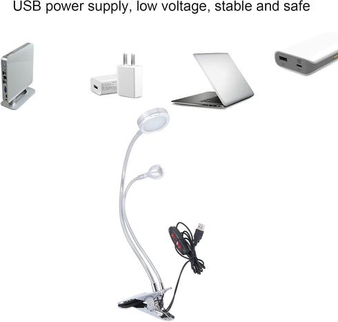 Zerodis Dimmable LED Desk Lamp, Adjustable USB Clip Desk Lamp with 10 Gear Double Head for Bedroom Reading