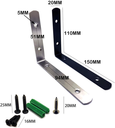 ZHome 110X150MM Corner Brace Shelf Bracket Heavy Duty Black Steel L Corner Brace, Decorative Joint Angle Bracket