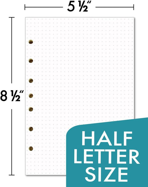 Dotted Filler Paper Pack of 100 Sheets, 7 Hole Punched Planner Refills, 5 1/2 x 8 1/2 Inches, Fit 3 or 7 Ring Mini