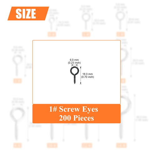 200 Pieces 1# Screw Eyes, Metal Screw Eye Pins Hooks, Black Zinc Plated Steel