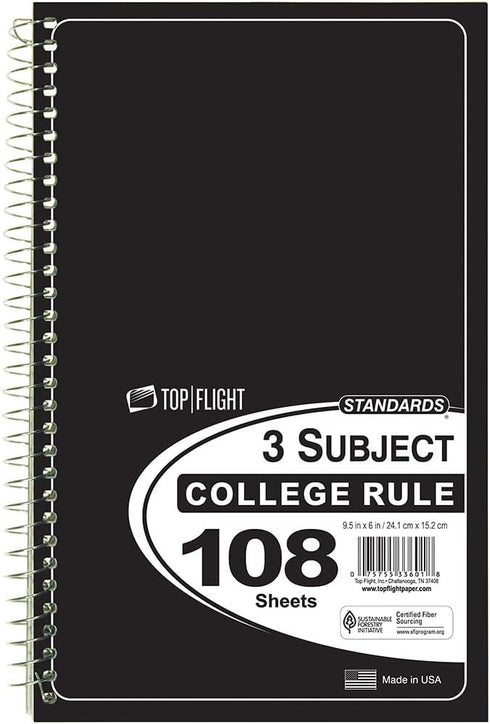 Top Flight Standards 3-Subject Wirebound Notebook, 108 Sheets, College Rule, 9.5 x 6 Inches, Cover Color May Vary