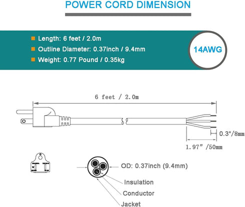 Heavy Duty AC Power Cord Pigtail - 14 Gauge 3 Prong 6 Feet Open End SJT 14AWG Replacement AC Wall Cable