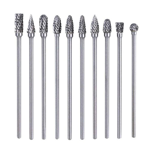 10pcs 3 mm (1/8 Inch) Tungsten Carbide Double Cut Rotary Burr Die Grinder Bits - Long Shank 100mm Fits Rotary Tool