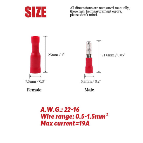 Hilitchi 50Pairs Insulated Male Female Bullet Quick Splice Wire Terminals, Wire Crimp Connectors, Red, 22-16 Gauge