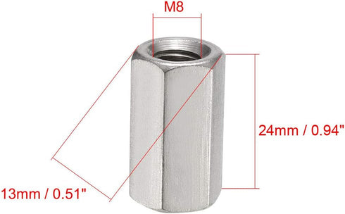 uxcell M8 x 1.25-Pitch 24mm Length 304 Stainless Steel Metric Hex Coupling Nut, 4pcs