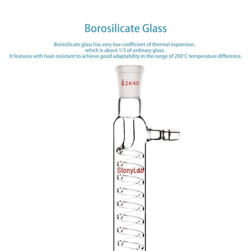 StonyLab Borosilicate Glass Graham Condenser, 200mm Jacket Length, 24/40 Joint Lab Glass