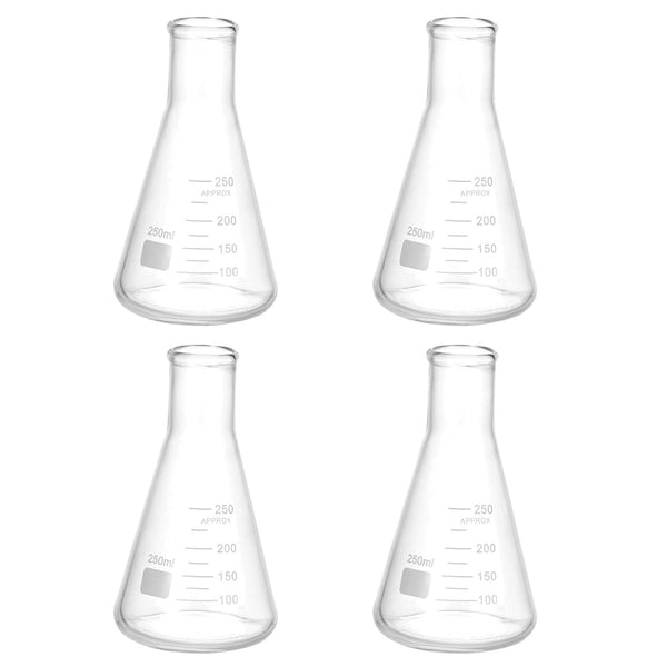 PATIKIL 4 Pcs 250ml Narrow Mouth Graduated Erlenmeyer Flask, Borosilicate Glass for Lab Experiment Chemistry