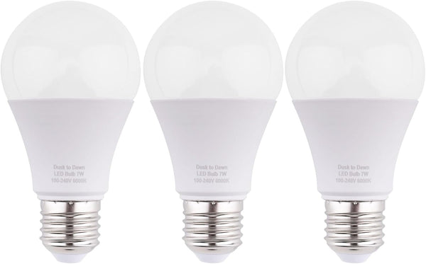 Dusk to Dawn LED Outdoor Light Bulb, 7W Daylight White, Auto on/Off Photocell Sensor, 60 Watt Equivalent, 3-Pack