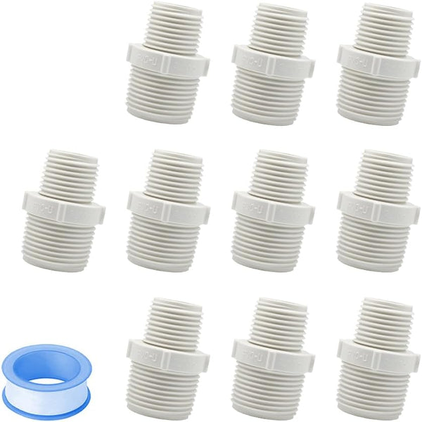 10PCS 1/2" to 3/4" PVC Pipe Fittings, G1/2 X G3/4 Male to Male Thread Coupling Hex Straight Adapter Connector