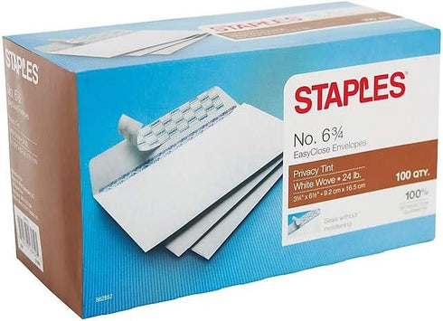 Staples 862857 EasyClose Security-Tint Envelopes - #6-3/4-Inch 100/Box